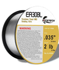 ER308L Pro Grade Stainless Steel MIG Welding Wire .035 Inch Diameter 2 Pound Spool, warning label visible, silver color