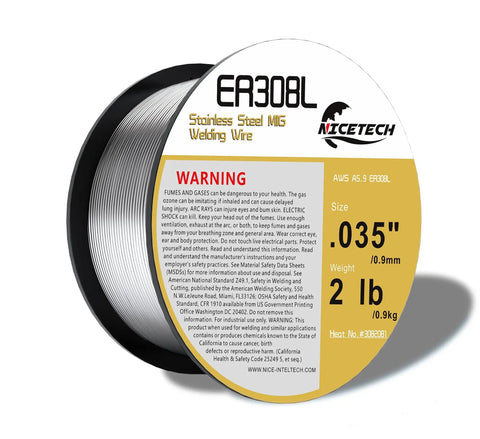 ER308L Pro Grade Stainless Steel MIG Welding Wire .035 Inch Diameter 2 Pound Spool, warning label visible, silver color