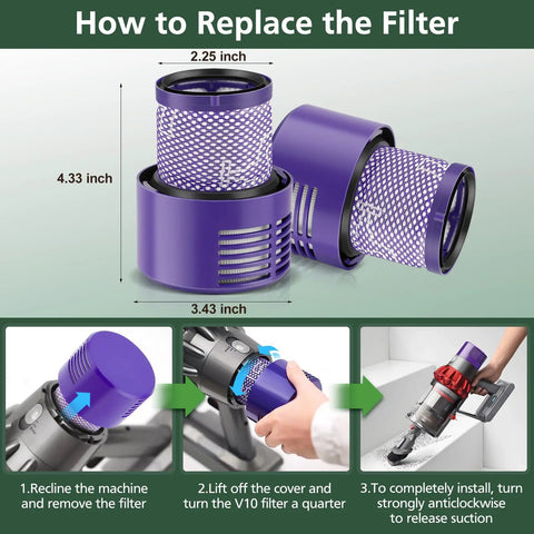 2 Pack V10 Vacuum Filter Replacement For Cyclone Series Pro Grade Must Have V10 Absolute V10 Animal V10 Motorhead V10 Total Clean SV12 SV27 Replaces Part 969082-01 Easy Fit High Suction Long Lasting demonstration