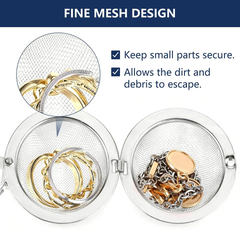 Top Shelf 304 Stainless Steel Ultrasonic Cleaner Baskets With Super Soft Lint Free Microfiber Cloths showing fine mesh design holding jewelry.