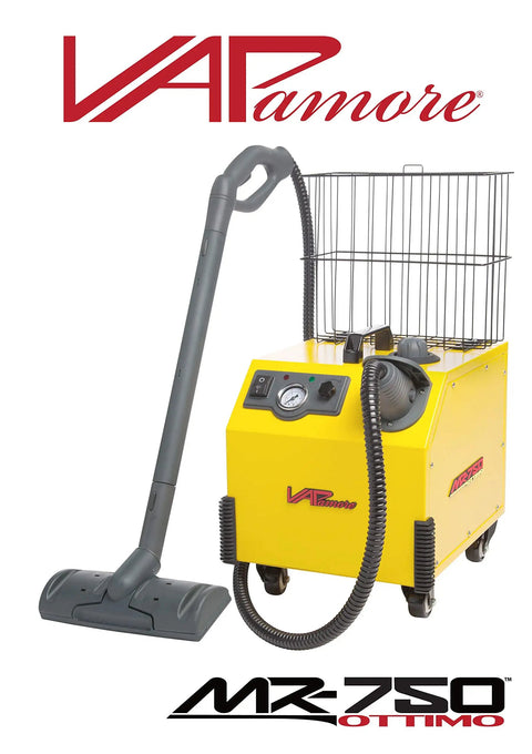 Badass Heavy Duty Steam Cleaner With Solid Stainless Boiler And One Gallon Tank For Zero Fuss Chemical Free Tile And Wood Buffing Comes With Twenty Four Pro Tools And Smart Dry Steam Valve, yellow unit with gray hose and tools.