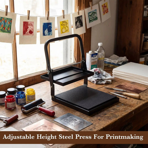 Block Printing Press For Linocut And Hand Letterpress Adjustable Height Steel Press Model B in a home studio setup.