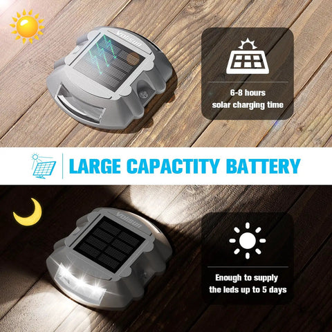 12 Pack Solar Deck Lights Outdoor Pathway LED Dock Lights IP68 Waterproof on wooden deck, solar charging and nighttime brightness