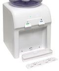 Countertop Water Dispenser With Room And Cold Water, White Finish, Dual Spigots, no fuss push button controls, removable drip tray visible