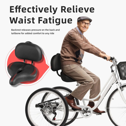 Oversized Bike Seat With Backrest For Peloton And Universal Bicycle Compatibility, Super Wide Padded Saddle Shown On a Tricycle