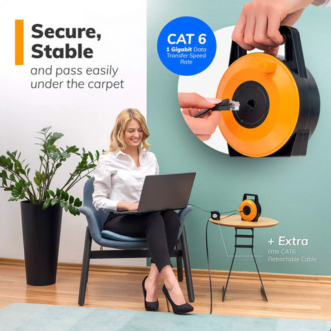 Woman using laptop with Flat Retractable CAT6 Ethernet Cable Extender, 50 Feet UTP Reel, shown in use, offering quick setup.