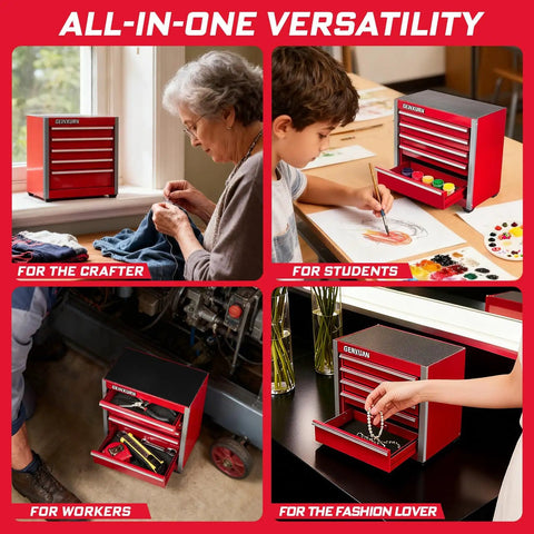 Beefed Up Heavy Duty 5 Drawer Rolling Tool Box In Red With Lockable Drawers Micro Roll Cab And Top Chest Stackable Steel Tool Cabinet