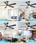 52 Inch Indoor Outdoor Ceiling Fan With Light And Remote Control, 6 Speeds, installed in different rooms, black and walnut blades
