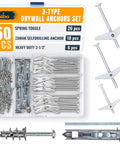 50 Piece Drywall Anchors And Screws Kit with Spring Toggle Bolts, Zamak Self Drilling Anchors, heavy duty hardware in box