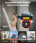 Woman using shower with Straight Up Hot Water Recirculating Pump Kit With Built In Timer For Fast Sink And Shower Flow 10 Gpm 0 13 Hp 110 Volt Electric Motor No Sweat Home Plumbing Upgrade Slick Solar Compatible System.