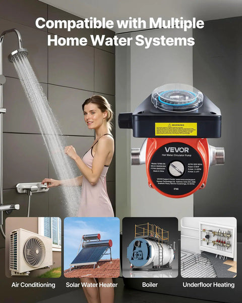 Woman using shower with Straight Up Hot Water Recirculating Pump Kit With Built In Timer For Fast Sink And Shower Flow 10 Gpm 0 13 Hp 110 Volt Electric Motor No Sweat Home Plumbing Upgrade Slick Solar Compatible System.