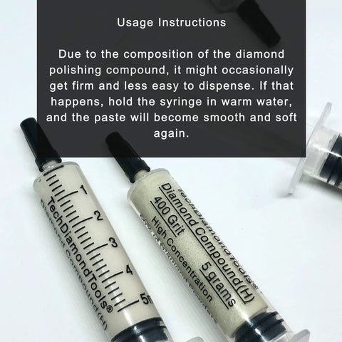 Two TechDiamondTools diamond polishing compound syringes; 3000 grit paste with high diamond powder.