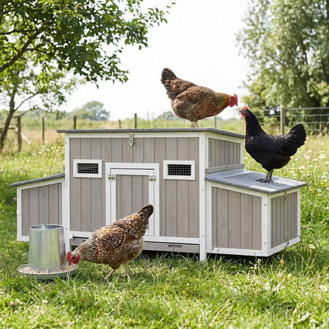 Ultimate 62 Inch Chicken Coop For 2 To 4 Chickens With Four Nesting Boxes Roosting Bars Openable Waterproof Roof Lockable Doors And Pull Out Tray Weatherproof Outdoor Fir Wood Hen House With Lockable Ladder Door Ramp Security in a field with chickens