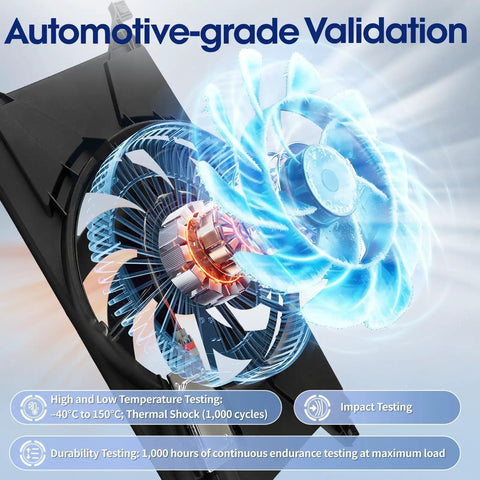 Engine Cooling Radiator Fan Assembly With Brushless Motor And Factory Shroud For Ford Focus Battery EV and 2 Point 0 Liter Engines direct swap, showcasing motor and fan design.