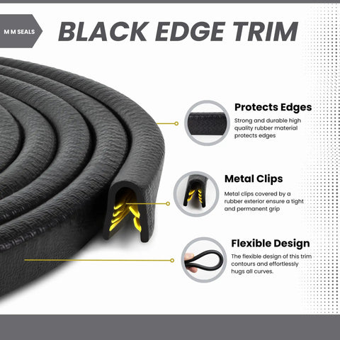 Durable Black Edge Trim For Quarter Inch Edges, Ten Feet Long, featuring protective metal clips and flexible design details.