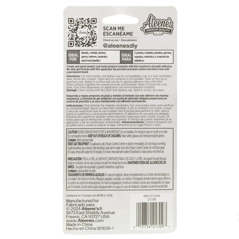 Back view of Jewelry And Metal Glue For Instant Bond, Waterproof And Clear Drying, 0.7 Ounce Tube packaging with directions.