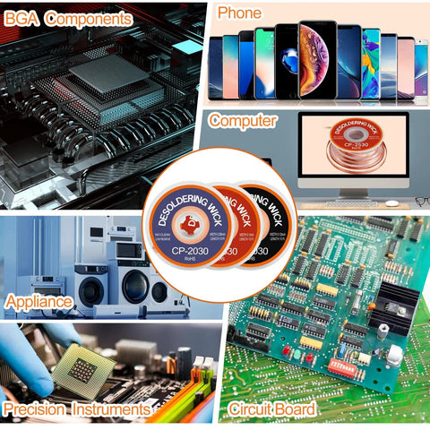 Image showing applications of Three Size Copper Desoldering Wick Kit For No Clean Solder Removal 0.08 In 0.10 In 0.12 In Solder Wick Braid 10 Ft Each Pro Grade Tool For PCB Repair And Electronics Projects, with electronics and components.