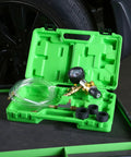 Premium Coolant System Refiller Kit With Three Universal Adapters showing green case, hoses, and pressure gauge for quick air burping.