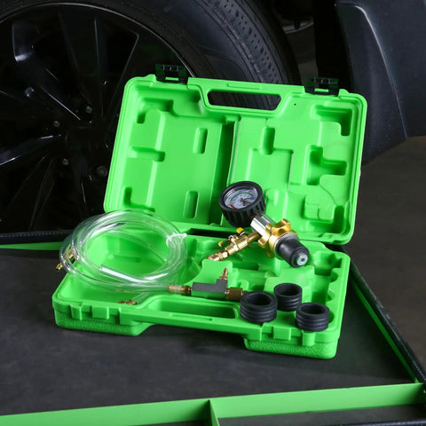 Premium Coolant System Refiller Kit With Three Universal Adapters showing green case, hoses, and pressure gauge for quick air burping.