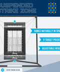 Heavy Duty 9 Hole Baseball Pitching Net With Built In Backstop And Suspended Strike Zone Target showing adjustable height and 9 target pockets.