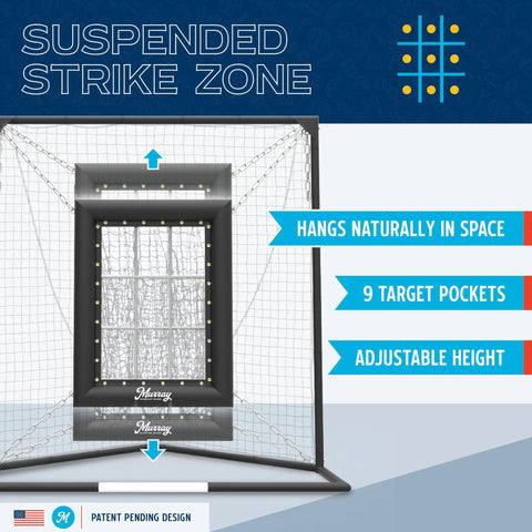 Heavy Duty 9 Hole Baseball Pitching Net With Built In Backstop And Suspended Strike Zone Target showing adjustable height and 9 target pockets.
