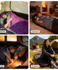 Lightweight Sleeping Bag For Kids And Adults, Ideal For Backpacking And Scouts, Compact Yet Roomy 33 By 86.6 Inches, Perfect For Campouts, Sleepovers, And Indoor Use shown camping, at home, in car, and as cushion outdoors.