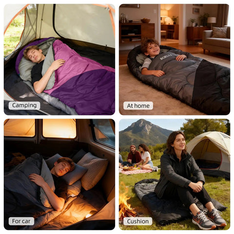 Lightweight Sleeping Bag For Kids And Adults, Ideal For Backpacking And Scouts, Compact Yet Roomy 33 By 86.6 Inches, Perfect For Campouts, Sleepovers, And Indoor Use shown camping, at home, in car, and as cushion outdoors.