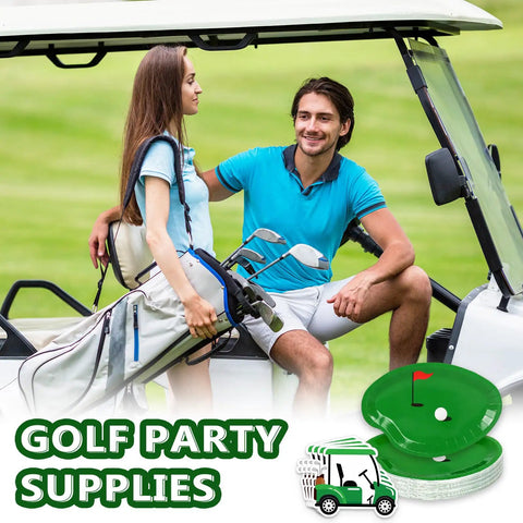 Dope 90 Piece Golf Party Paper Plates And Disposable Napkin Set Featuring Fresh Green Golf Course Layouts With Cool Sports Ball Print Tableware Keeping Your Event Fully Squared Away with golfers in a cart.