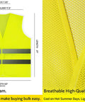 Diagram of 20 Pack Yellow Hi Vis Reflective Safety Vests With 360 Degree Visibility And Silver Strips Mesh Lightweight For Work, Cycling, Running, Construction Unisex Fit, showing measurements and mesh detail.
