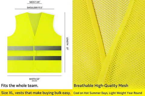 Diagram of 20 Pack Yellow Hi Vis Reflective Safety Vests With 360 Degree Visibility And Silver Strips Mesh Lightweight For Work, Cycling, Running, Construction Unisex Fit, showing measurements and mesh detail.