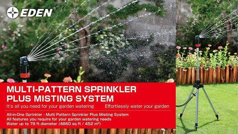 Multi Pattern Sprinkler Plus Misting System With Quiet Turbo Gear Drive And Beefy Heavy Duty Tripod in garden setting