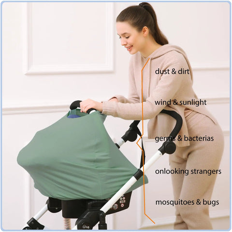 Woman adjusting All In One Baby Car Seat Cover And Canopy With Breathable Buttery Soft Stretch Fabric Nursing Cover Stroller Shield