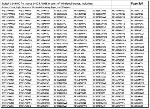 Range Burner On Off Switch For Oven Stove Replacement 3149400 compatibility list for Whirlpool models, image showing text table of models.