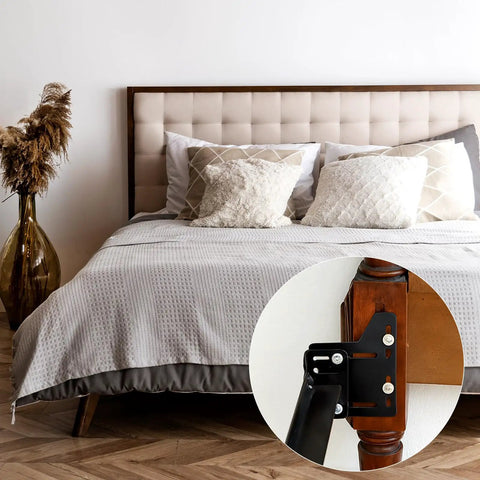 Four Pack Heavy Duty Bed Frame Brackets Adapter Kit For Headboard And Footboard Universal Adjustable Width shown in bedroom