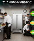 Heavy Duty Two Door Reach In Commercial Freezer, 35 Cu Ft with chefs preparing food in a busy kitchen.