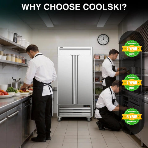 40 Inch Reach In Commercial Refrigerator 35 Cubic Feet Stainless Steel Upright Fridge in restaurant kitchen with chefs preparing food.