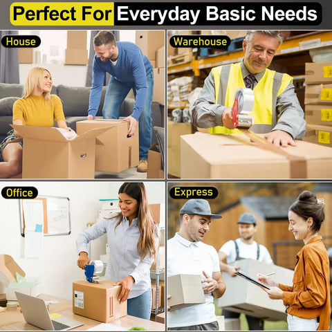Collage of people using clear heavy duty packing tape refill rolls in home, warehouse, office, and express settings.