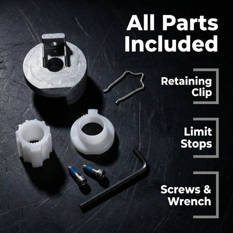 Moen Cartridge Puller Removal Tool Kit with components including metal adapter, retaining clip, plastic limit stops, screws, and wrench.
