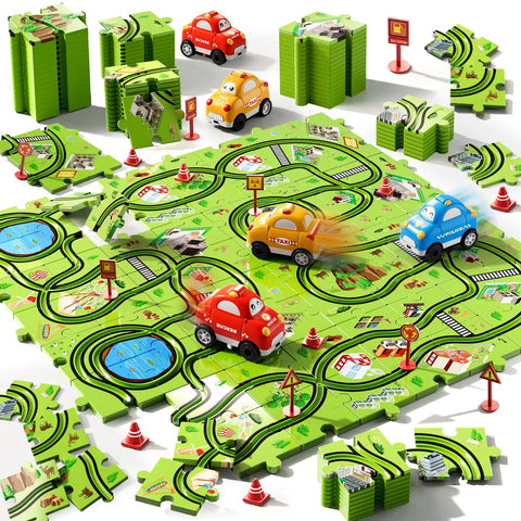 64 Piece Puzzle Track Car Set For Kids Ages 3 4 5 6 with 3 cars and 6 road signs, city-themed floor puzzle tracks, green pieces