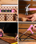 Hands using pink tools for DIY projects: spirit level, hammer, tape measure, saw on wood pieces.