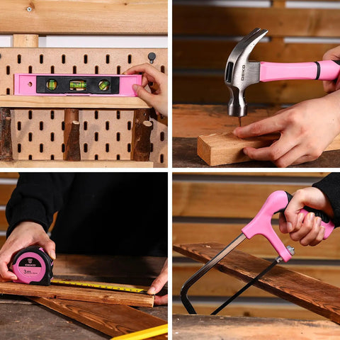 Hands using pink tools for DIY projects: spirit level, hammer, tape measure, saw on wood pieces.