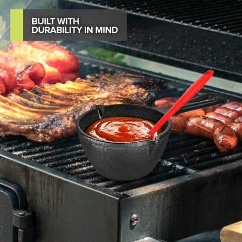 Cast Iron Mini Basting Pot For Grillin And Sauces Small Pre Seasoned Saucepan with sauce on grill beside meat