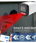 Crisp 4K 8MP PoE CCTV NVR Security Camera Kit shows camera detecting motion with a smartphone alerting via email.