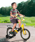 Child on yellow bike with 18-inch wheels, using bike tubes for 18x1.75 to 18x2.125 tires AV32mm Schrader Valve, premium butyl rubber.
