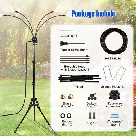 Standing Outdoor Misting System With Adjustable Tripod From Two Point Six Feet To Five Point Three Feet Portable Patio Water Mister package contents layout