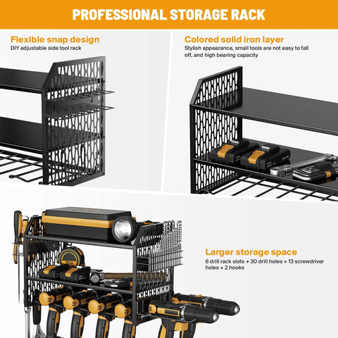 Power Tool Storage Rack With Six Drill Holders And Pegboard Organizer Shelf For Garage Walls Wall Mount For Cordless Drills