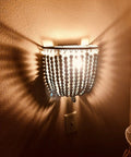 Vintage Wood Bead Wall Lamp Set Gray White 2 Pack Hardwired, glowing against wall with prestrung beads, E12 socket, 60W max