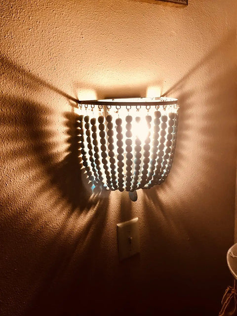 Vintage Wood Bead Wall Lamp Set Gray White 2 Pack Hardwired, glowing against wall with prestrung beads, E12 socket, 60W max