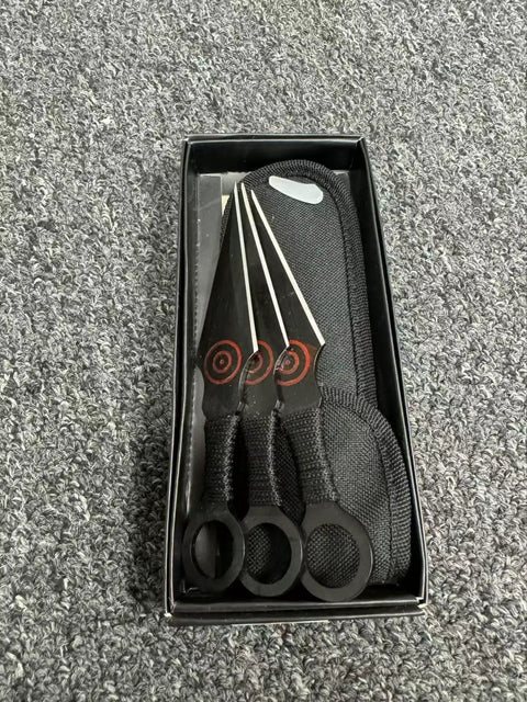 Dope Ninja Kunai Throwing Knife Set Three Piece Stainless Steel Blades with Nylon Sheath Black Red Finish Classic Japanese Style