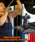 A technician using a Foldable Magnetic Work Table for Milwaukee Packout Toolbox, holding tools and a drill, mobile workstation setup.
